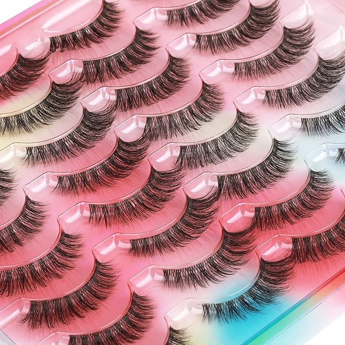 False Eyelashes Natural Look Clear Band Mink Lashes 5D Cat Eye Lashes Wispy Faux Mink Strip Lashes Pack by Kiromiro