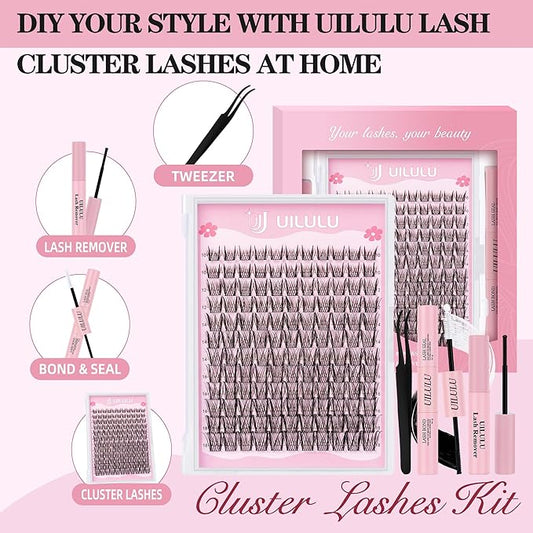 Lash Clusters Kit 10-18mm Wispy Lash Clusters D Curl False Eyelash Clusters, DIY Lash Extension Kit with Lash Bond & Seal, Lash Glue Remover, Lash Tweezers