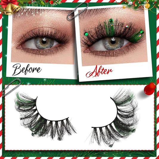 Veleasha Lashes Kit Christmas Eyelashes Green Fluffy Volume False Eyelashes for New Year With Waterproof Black Lash Glue and Tweezers 100% Handmade Santa Lashes (Jingle Bells)