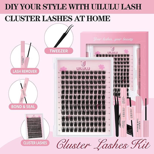 Lash Clusters Kit 10-18mm Natural Lashes Clusters D Curl False Eyelash Clusters, DIY Lash Extension Kit with Lash Bond & Seal, Lash Glue Remover, Lash Tweezers(08 set)