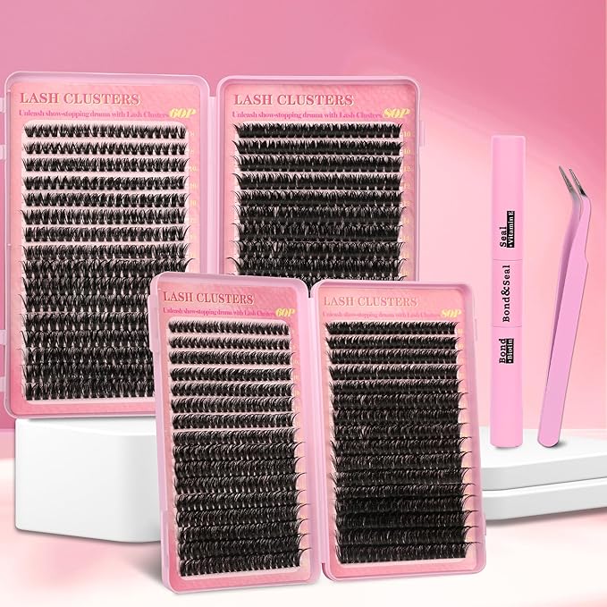 Gmagictobo Lash Extension Kit Lash Clusters Kit 640Pcs Volume Eyelash Clusters C Curl Lashes Clusters DIY Cluster Eyelash Extensions With Lash Bond and Seal Lash Tweezers