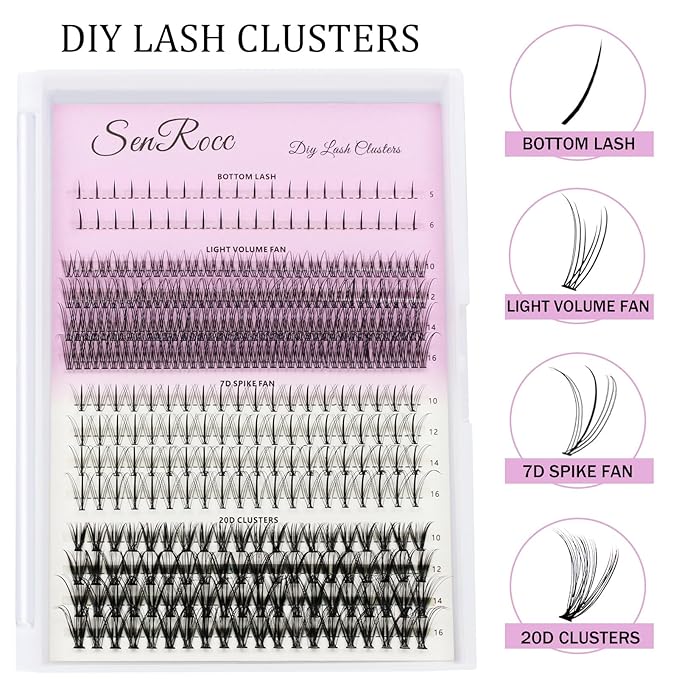 Lash Clusters Individual Lash Extensions DIY Multi-type Faux Mink Lash Tray Bottom, Light Volume, 7D Spike, 20D Clusters Natural Eyelashes for Self Application (2-BL-7D-20D)