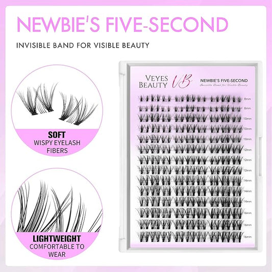 VEYESBEAUTY Lash Clusters Eyelash Extensions Thin & Invisible Band DIY Individual False Eyelashes Newbie's Five-Second Series Wispy Lash Tray for Self-application, Whisper Lashes 8-16mm Mixed Length