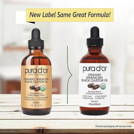 PURA D'OR 4 Oz ORGANIC Jamaican Black Castor Oil - Natural Smoky Scent - w/ 2 BONUS Empty Brushes - 100% Pure USDA Certified Cold Pressed & Roasted, Hexane Free Eyelash & Eyebrow Serum