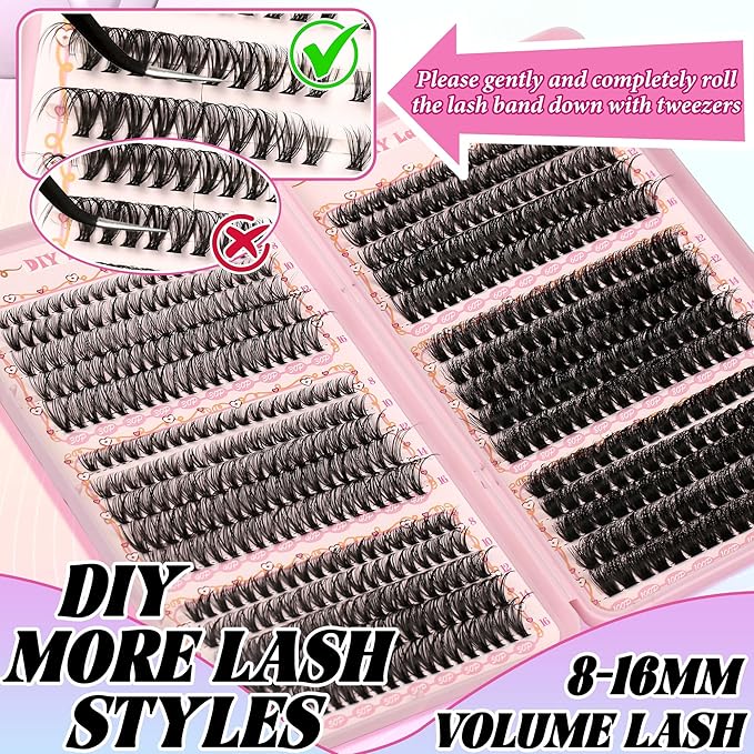 Gmagictobo DIY Lash Clusters Kit Volume Lash Clusters Thick Eyelash Extension Kit Individual Lashes Thin Band Lashes Clusters Lash Bond and Seal Lash Tweezers