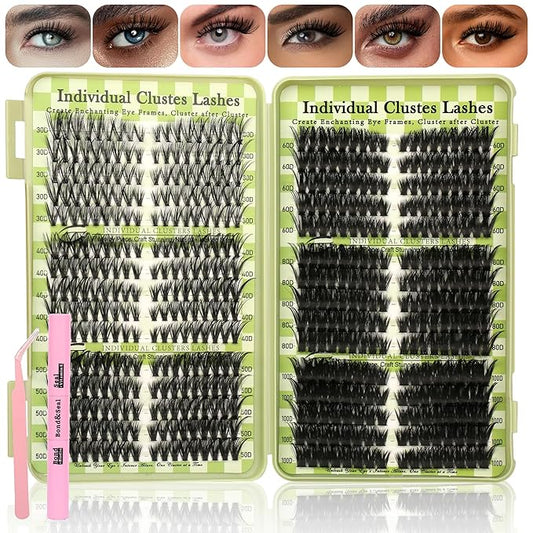 Gmagictobo Lash Clusters Cat Eye Lash Clusters Kit Volume DIY Individual Lashes Clusters Lash Extension Kit 530Pcs Thin Band Wispy Lash Clusters Lash Bond and Seal Lash Tweezers