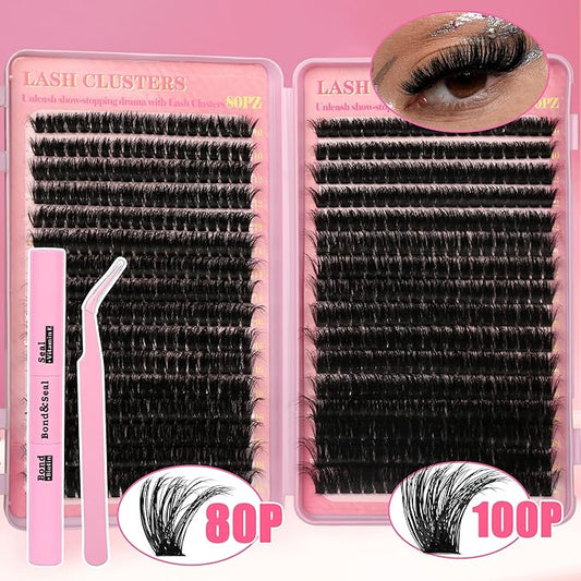 Gmagictobo Lash Clusters 80D 100D C Curl Lash Clusters Kit DIY Lash Extension Kit 640Pcs 10-18MM Individual Lashes Clusters Eyelash Extensions with Lash Bond and Seal Lash Tweezers