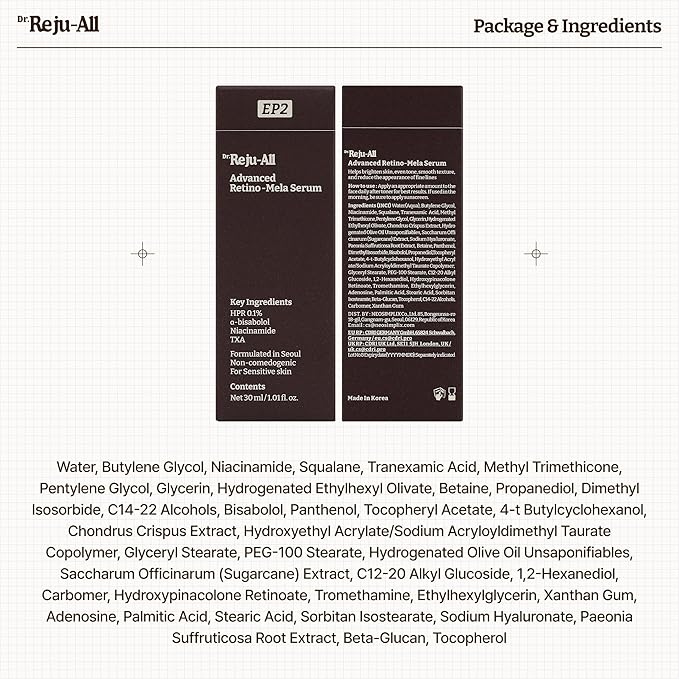 Dr. Reju-All Advanced Retino-Mela Serum – HPR Retinol Serum for Face – Anti-Aging, Pore Minimizer, Next-Gen Korean Skin care – Gentle & Beginner-Friendly – Niacinamide 10% & TXA 4% – 1 Fl Oz