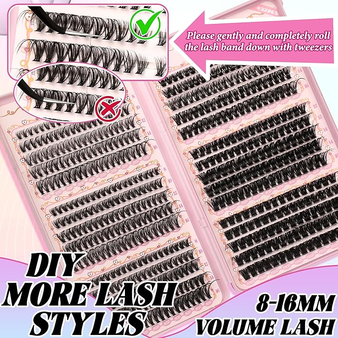 Gmagictobo Lash Clusters Wispy Lash Clusters Kit 570Pcs Lash Extension Kit Volume DIY Individual Lashes Clusters Thin Band Eyelash Extension Kit Lash Glue Lash Tweezers