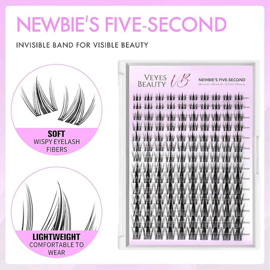VEYESBEAUTY Lash Clusters Eyelash Extensions Thin & Invisible Band DIY Individual False Eyelashes Newbie's Five-Second Series Wispy Lash Tray for Self-application, Manga Lashes 8-16mm Mixed Length