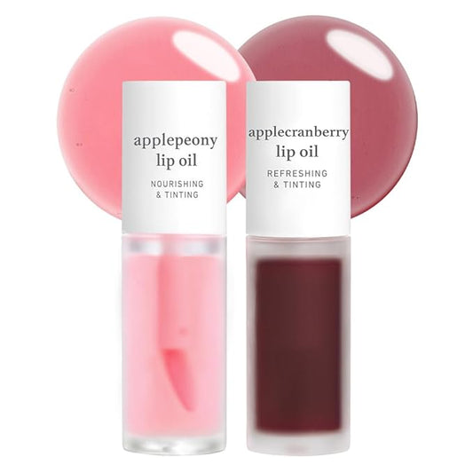 NOONI Korean Vegan Lip Oil - Applepeony, 0.12 Fl Oz + Korean Lip Oil - Applecranberry, 0.12 Fl Oz Bundle