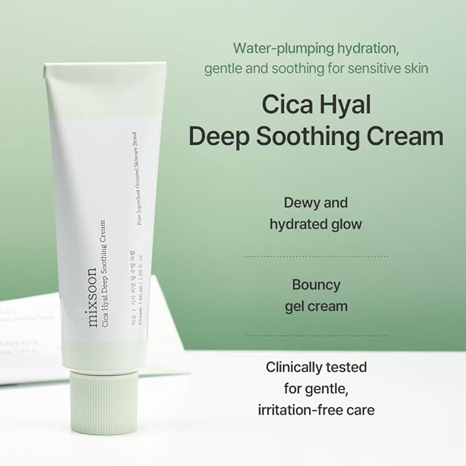 mixsoon Cica Hyal Deep Soothing Cream, 1.69 Fl. Oz / 50ml Lightweight Moisturizer Gel Cream for Sensitive Skin with Centella Asiatica Hyaluronic Acid Ceramide & Panthenol Korea Glass Skin Care