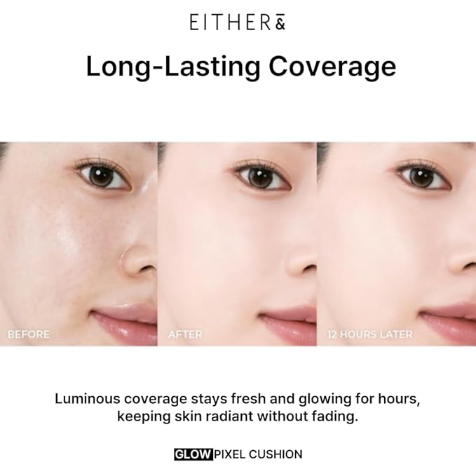 EITHER& Glow Pixel Cushion Foundation, Natural Coverage, Glow Finish – Up to 100 Hours, Moisturizing and Hydrating, Korean Beauty (#32N Caramel, 12g)