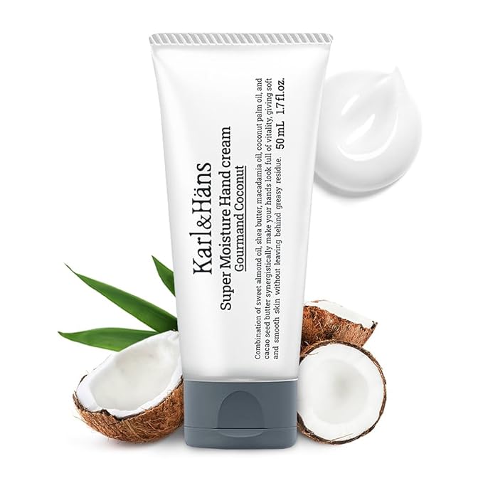 Karl&Hans Super Moisturizing Coconut Vegan Hand Cream - Gourmand Coconut Scent with Shea Butter, Coconut Oil - Organic Daily Hand lotion for Dry Cracked Hands - 1.7 fl oz