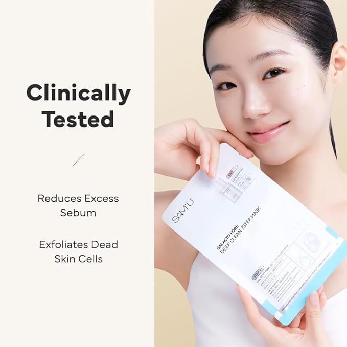 SAM'U Galacto Pore Two Step Mask Pore Cleansing Korean Face Mask, Gentle Pore Care Mask, AHA/BHA/PHA + LHA Exfoliating Formula with Amino Acids & Centella Asiatica for Korean Glass Skin (4 Sheets)