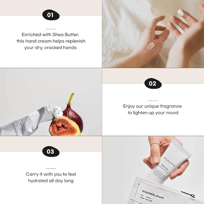 skybottle Hand Cream, Nourishes Very Dry Hands, Korean Hand Lotion, Hand Care for Women & Men, Perfumed with Bergamot, White Rose Scent with Shea Butter, 1.7 Fl. Oz
