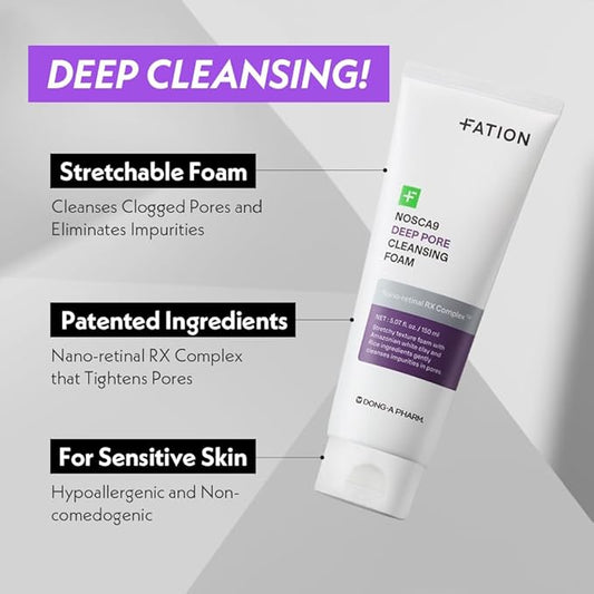 Nosca9 Deep Pore Cleansing Foam for Sensitive Skin | Korean Skincare Face Wash with 17 Amino Acids, White Clay & Patented Pore-Shrinking Ingredient | Deep Cleansing & Moisturizing (5.07 fl. oz)