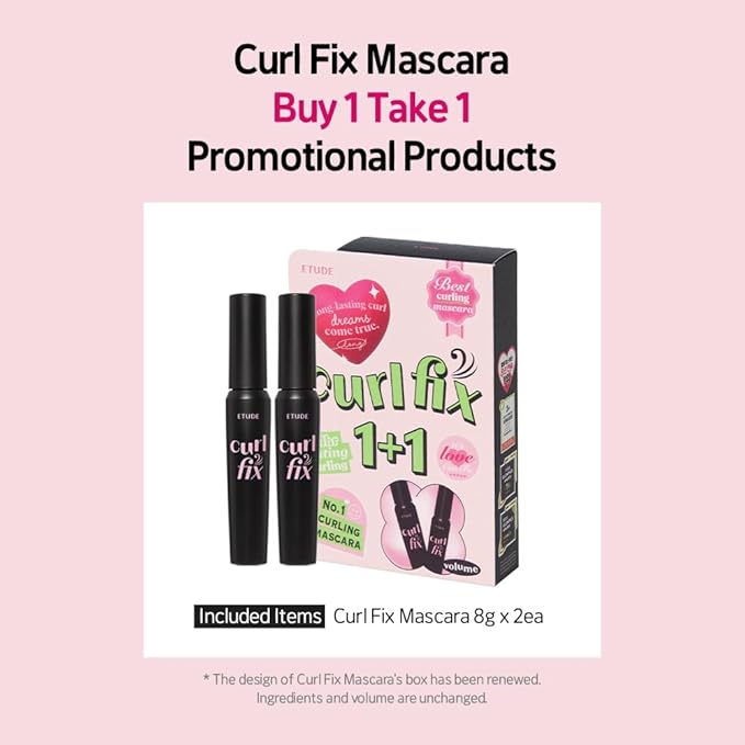 ETUDE Curl Fix Mascara Volume 1+1 Set, Lash Mascara, Strong Curl Up, Long-Lasting, Waterproof, Light-Weight, Korean Makeup, Beauty, Vegan Certified (0.54 Fl Oz)