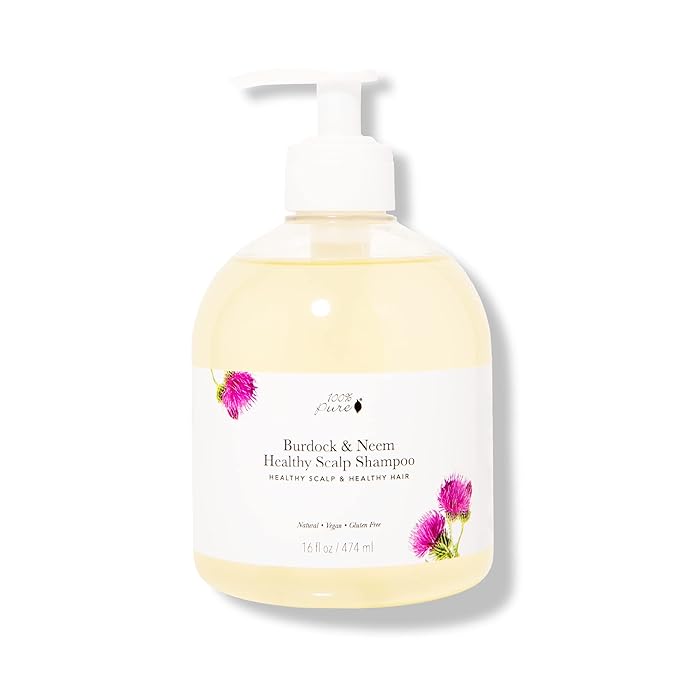 100% PURE Burdock & Neem Healthy Scalp Clarifying Shampoo Moisturizing Detox with Rose Hydrosol Replenishing Cleanser for Dry, Itchy, Flaky Scalp for Women & Men - 16 Fl Oz