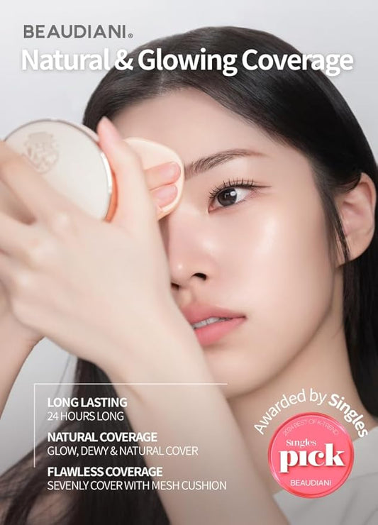 BEAUDIANI Natural Coverage – Mesh Tight Up Cushion – Korean Cushion Foundation, Semi-Matte Radiance, Long-lasting, Travel-Friendly Design (02 Light/Medium Beige)