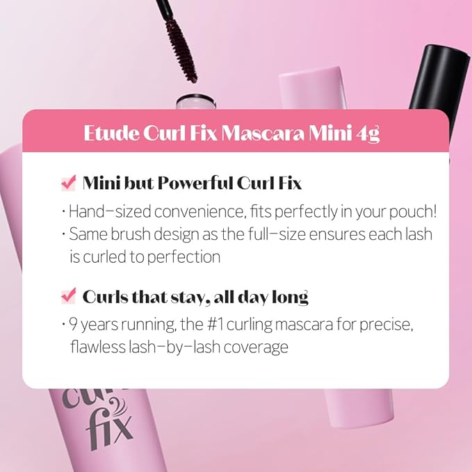 ETUDE Curl Fix Mascara Mini, Lash Mascara, Strong Curl Up, Long-Lasting, Waterproof, Lightweight, Korean Makeup, Beauty, Vegan Certified, Black (0.14 Fl Oz)