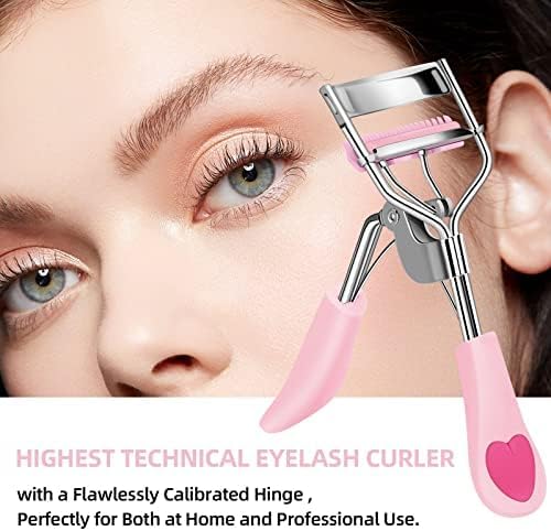 Double Eyelash Curlers with 5PCS Silicone Refill Pad Fit All Eye Shape Curved Eyelash Curler,Natural and Long Lasting Lash Curler for Women Make Up Gift（Pink）