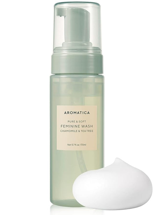 AROMATICA Pure & Soft Feminine Wash Chamomile & Tea Tree (Soft Foam Type) 5.7 fl. oz / 170 ml - Gentle and Soothing Intimate Herbal Feminine Wash - pH-Balanced, Calming, Vegan, Cruelty Free