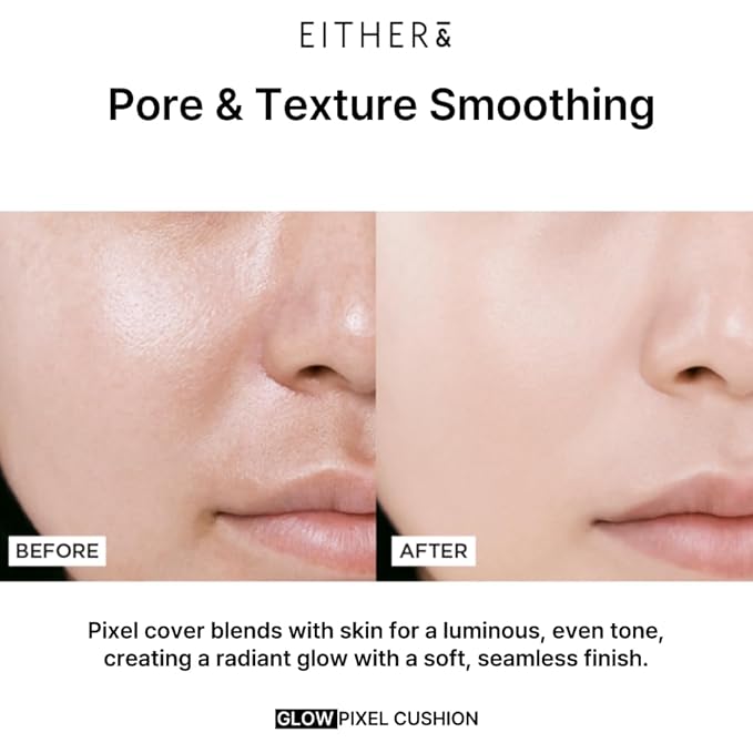 EITHER& Glow Pixel Cushion Foundation, Natural Coverage, Glow Finish – Up to 100 Hours, Moisturizing and Hydrating, Korean Beauty (#22.5P Dawn, 12g)