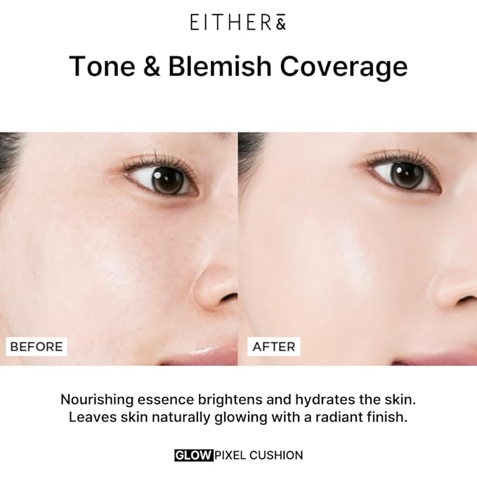 EITHER& Glow Pixel Cushion Foundation, Natural Coverage, Glow Finish – Up to 100 Hours, Moisturizing and Hydrating, Korean Beauty (#25P Honey, 12g)