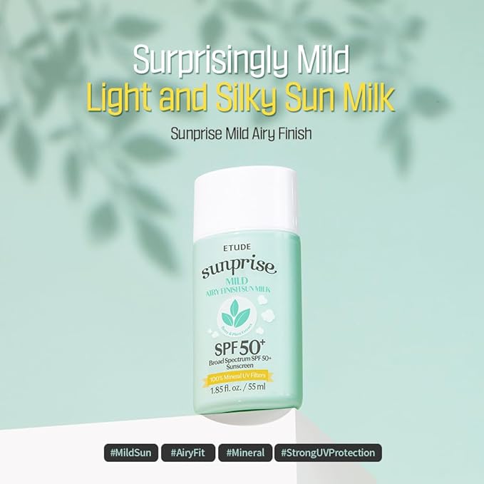 ETUDE Sunprise Mild Airy Finish Sun Milk Duo Set (55ml*2) SPF50+ / PA++++ | Sebum-free, Non-Sticky, Long Lasting Protection, 100% Mineral Based Korean Sunscreen, Korean Skin Care, Pefect for Gift