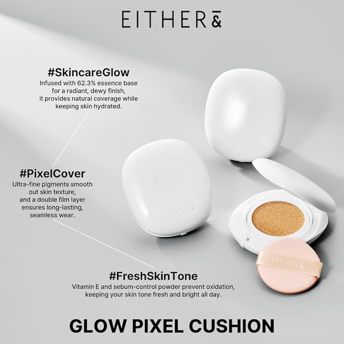 EITHER& Glow Pixel Cushion Foundation, Natural Coverage, Glow Finish – Up to 100 Hours, Moisturizing and Hydrating, Korean Beauty (#25P Honey, 12g)