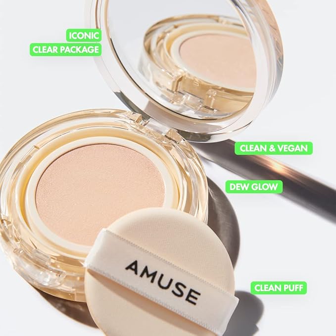 AMUSE SEOUL Dew Jelly Vegan Cushion Foundation (1.5 CLEAR) | dewy, glow, long-lasting, double coverage, clean beauty, lightweight, natural look, foundation for sensitive skin, hydrating cushion