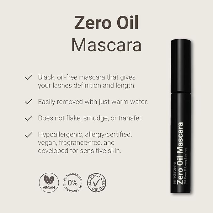 Sandstone Scandinavia Zero Oil Hypoallergenic Mascara Sensitive Eyes - Smudge-Proof, Lengthening and Defining - Fragrance Free, Vegan, Non Toxic - Oil Free and washable