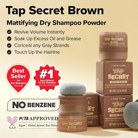 I DEW CARE Biotin Clarifying Dry Shampoo - Tap Secret Brown | Strengthening & Volumizing, Powder Type, Refillable, Travel size, Non-aerosol, Brunette, Korean Ginseng, 0.26 Oz