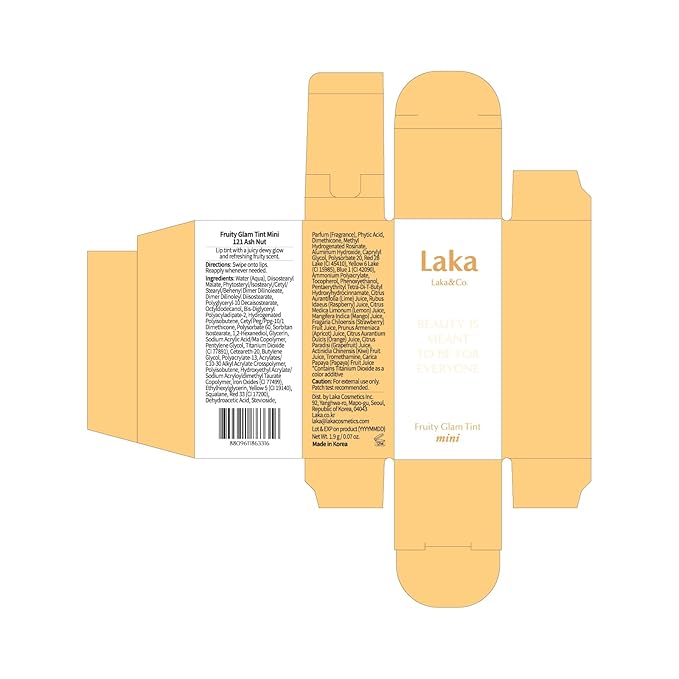 Laka Fruity Glam Lip Tint Mini, Glowing Lip Stain with Wide Color Spectrum, Hydrating & Lightweight Texture, Long-Lasting Bold Stain, Non-Sticky, Vegan, K-Beauty (#121 Ashnut)
