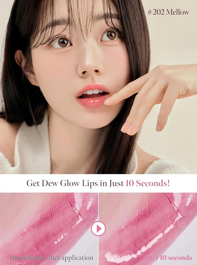 Dew Drop Tint #202 Mellow 4.5g, Hydrating, Glossy, Lightweight Lip Stain with High-shine, Long Lasting Color with Moisturizing Lip Drop, Dewy Finish, Korean Beauty Makeup
