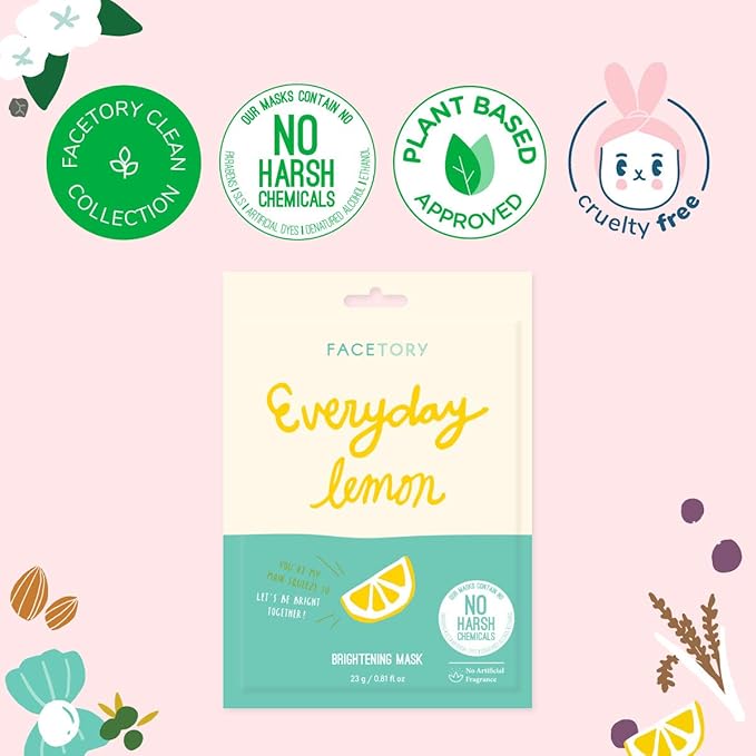 FACETORY K Beauty Face Mask Skin Care - Everyday LEMON Brightening Sheet Mask | Plant-Based with Lemon Extract (5 Pack)