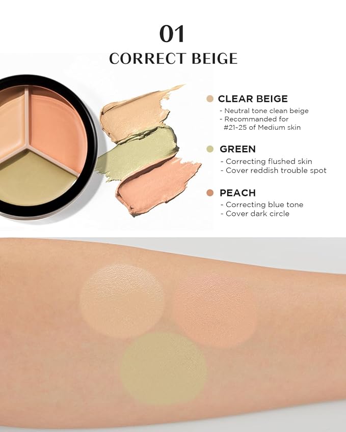 THESAEM Cover Perfection Triple Pot Concealer - 3 Color Concealer with Clear Beige, Green & Peach Shades - Full Coverage to Correct & Conceal Redness, Dark Circles, 01 Correct Beige