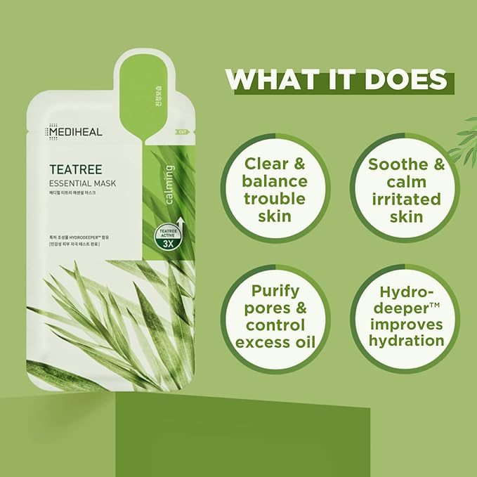 Mediheal Official [Korea's No 1 Sheet Mask] - Tea Tree Essential Blemish Control Mask JUMBO Pack | 30 Masks, 3 x 10 Packs Skin Soothing & Sebum Control Sensitive Oily Korean skin care set