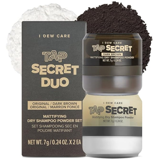 I DEW CARE Biotin Clarifying Dry Shampoo - Tap Secret Dark Original & Dark Brown Duo set | Strengthening & Volumizing, Powder Type, Refillable, Travel size, Non-aerosol, Brunette, 0.29 Oz * 2ea