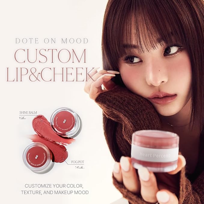 Heart Percent Dote On Mood Custom Lip & Cheek, Matte (Fog Pot) + Glow (Shine Balm) Dual Type Multi-use Blush & Lip Tint [#07. Geek & Plum]