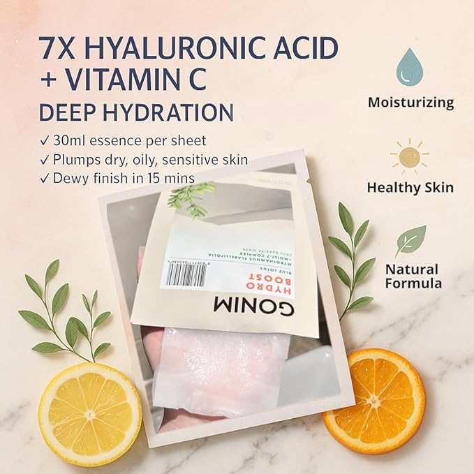 GONIM Face Mask Korean Skin Care with Hyaluronic Acid Serum, Collagen Activation, Vitamin C-Face Masks Skincare Hydration, Moisturizing Sheet Mask, Travel Essentials, Korean Face Mask 30ml x10pcs