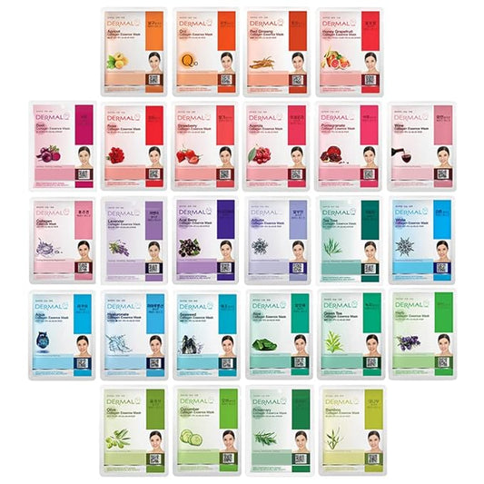 DERMAL 26 Combo Pack Collagen Essence Korean Face Mask (Red & Green) - Hydrating & Soothing Facial Mask with Panthenol - Hypoallergenic Sheet Mask for All Skin Types - Natural Home Spa Treatment Mask