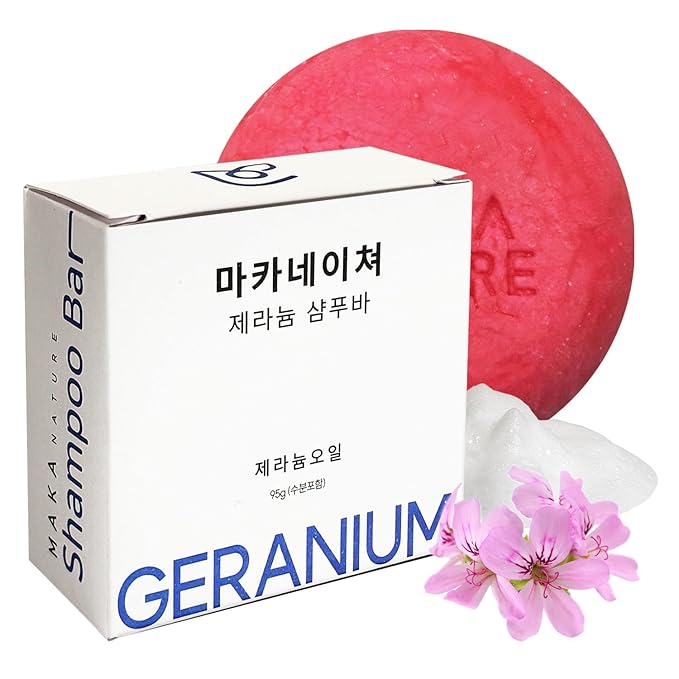 Maka Nature Low-Carbon Shampoo Bar | Korean K-Beauty Haircare with Natural Ingredients for Scalp & Hair Types | Vegan, Eco-Friendly, pH balanced, 3.35oz (Geranium)