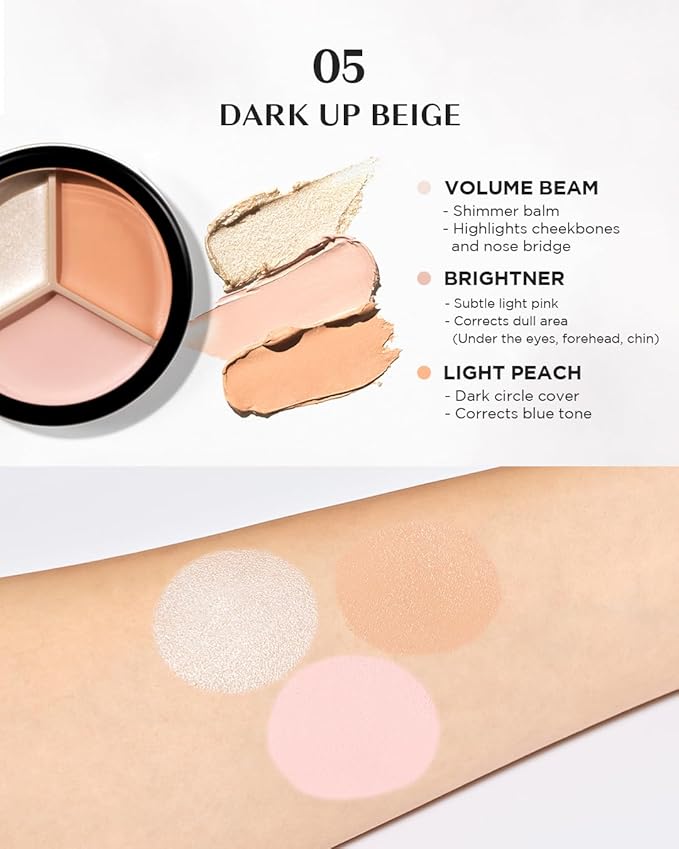 THESAEM Cover Perfection Triple Pot Concealer 05 Dark Up Beige - for Fair to Light Skin Tone - Dark Circle Corrector, Brightener, Shimmer Highlighter - Radiant Glow Skin for Flawless Finish