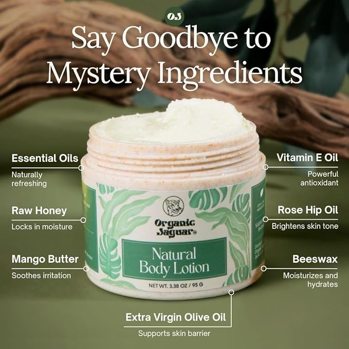 Organic Jaguar Natural Body Lotion, 8 oz, Moisturizer With Essential Oils, Vitamin E Oil, Beeswax, Extra Virgin Olive Oil, Raw Honey, Mango Butter, Sulfate & Paraben Free Body Care, Tropical Scent