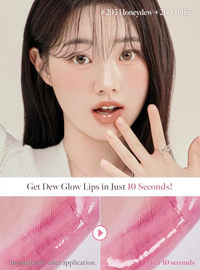 Dew Drop Tint #206 Toffee 4.5g, Hydrating, Glossy, Lightweight Lip Stain with High-shine, Long Lasting Color with Moisturizing Lip Drop, Dewy Finish, Korean Beauty Makeup