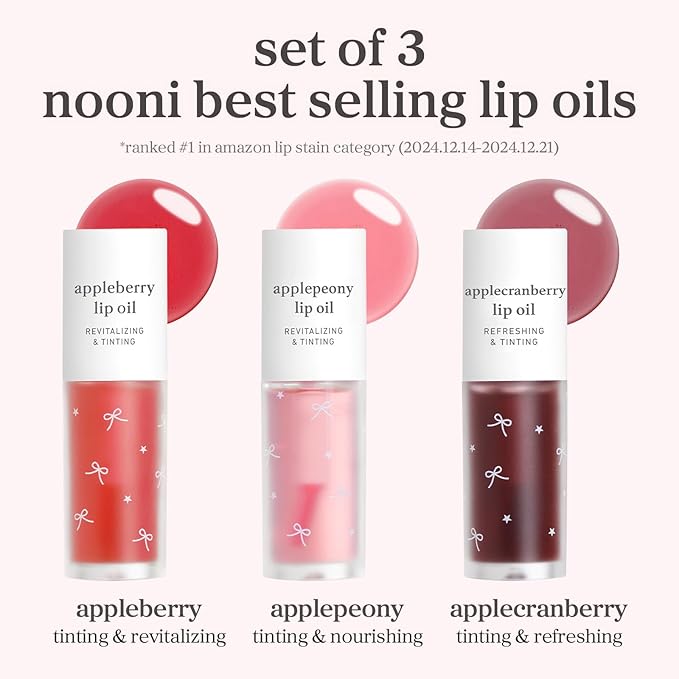 NOONI Korean Lip Oil Gift Set - Appleseed Lip Oil Trio | 2025 Holiday Ribbon Limited Edition, Korean Lip Stain, Long Lasting Hydration, Moisturizing, Plumping, Stocking Stuffers, 0.12 Fl. Oz. x 3ea