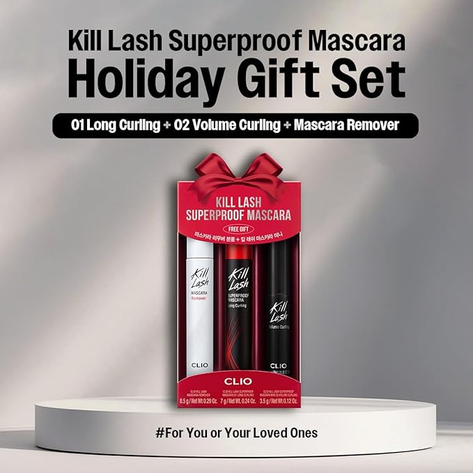 CLIO Kill Lash Superproof Mascara Holiday Gift Set, Long-Lasting & Volumizing, Waterproof, Clmup & Smudge-Free, Stocking Stuffers, Korean Beauty (001 Long Curling + 002 Volume Curling(Mini) +Remover)