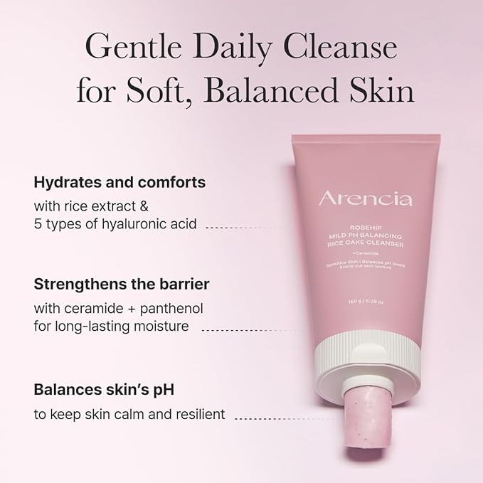 ARENCIA Rosehip Rice Cake Cleanser, pH Balancing Face Wash with Ceramide for Sensitive Skin, 5.29 oz